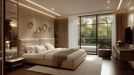 Modern classic bedroom with glass-walled bathroom and stylish wall ornaments. 