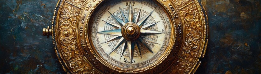 Obraz premium Showcase a close-up of an antique compass, intricate engravings, aged texture, warm patina, realistic oil painting technique