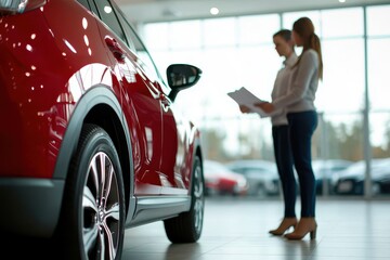Fototapeta premium Car insurance and policy coverage concept. Two women discussing a red car in a modern showroom.