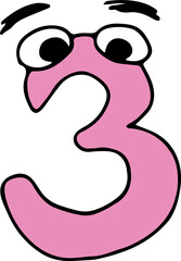 funny pink number three with eyes and eyebrows looks surprised with raised eyebrows, hand drawn with black lines in grunge style