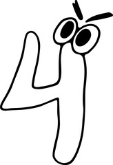 funny number four with eyes and eyebrows looking up angrily hand drawn with black lines in grunge style