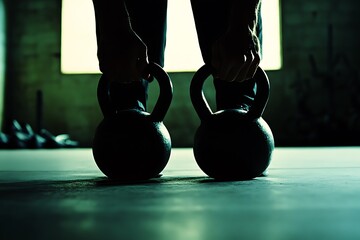 Close-up of a man's hands holding kettlebells, standing in a gym