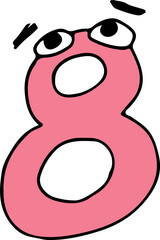 funny pink number eight with eyes and eyebrows looking up in surprise, hand drawn with black lines in grunge style