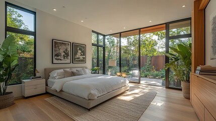 Modern bedroom with white walls, light wood floors, and large windows with a garden view. 