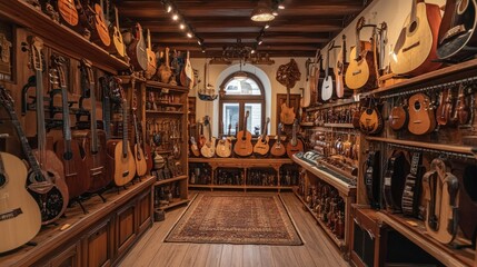 Fototapeta premium Wooden musical instrument shop interior, many guitars and ukuleles, window view, display of instruments