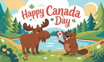 Fototapeta premium Cute Moose and Beaver Celebrate Happy Canada Day