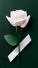 A single white rose is presented with a white ribbon