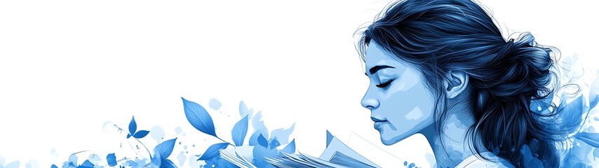 Woman reading with blue leaves.