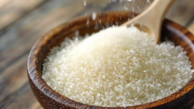 Natural sugar pours from a wooden spoon into a rustic bowl on a wooden table in a cozy kitchen setting during daylight