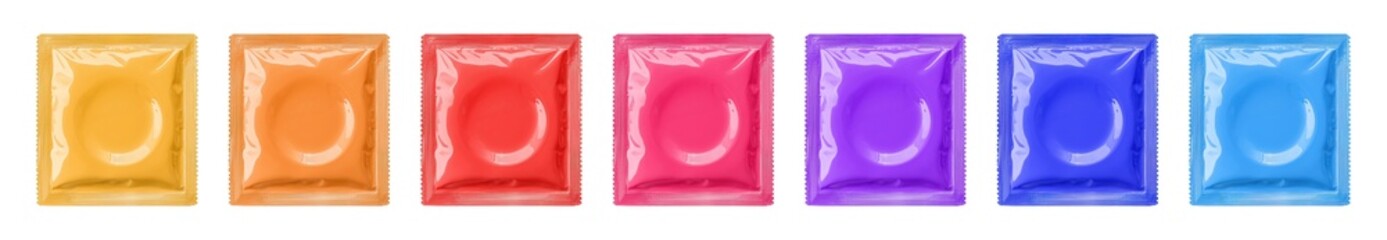Rainbow condom wrapper packet transparent PNG set bundle, isolated background. Bright vibrant, vivid fun neon color. Colorful condoms, safe sex protection contraceptive, LGBT, LGBTQ+