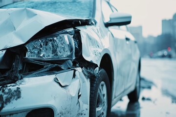 Fototapeta premium Close up of damaged white car after collision with religious wallpaper featuring jesus christ