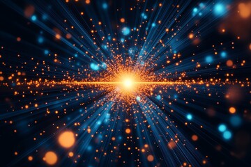 Obraz premium Abstract 3d background with radiating blue and orange dots symbolizing futuristic technology