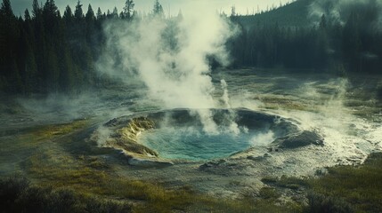 Yellowstone Geyser Basin, Steam Rising, Forest Background