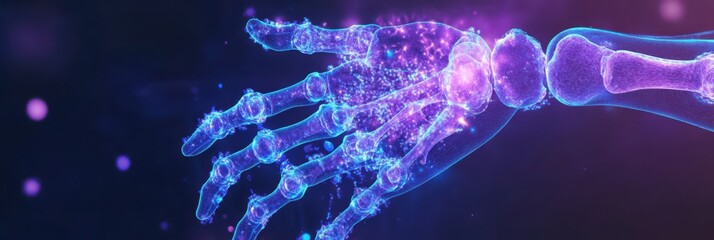 Fototapeta premium Abstract representation of arthritis awareness with digital x-ray hand illustration for health campaigns. Horizontal banner. Copy space