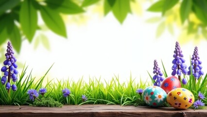 Easter Eggs and Grape Hyacinths in Spring Garden