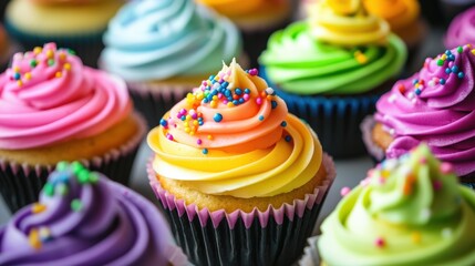Colorful cupcakes with neon icing and rainbow sprinkles showcased in a vibrant bakery setting