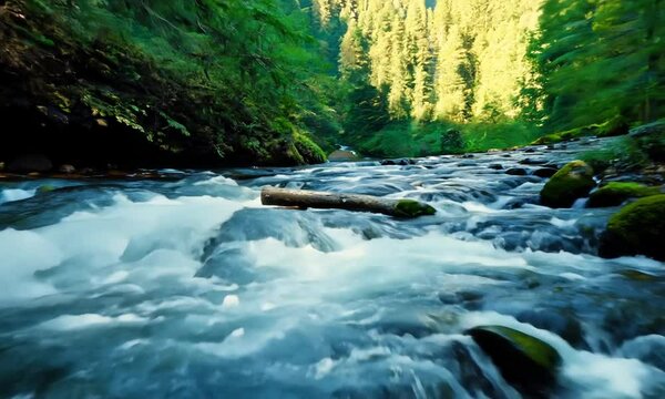 Mountain stream flowing through dense forest. Slow motion 4K