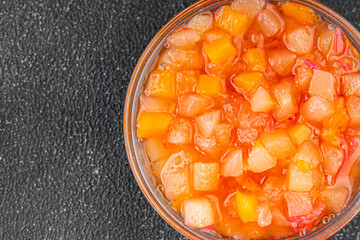 Fruits in syrup organic fruit and berries sweet dessert tasty fresh delicious gourmet food background on the table rustic food top view copy space