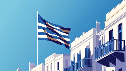 Fototapeta premium Greek island town, flag waving
