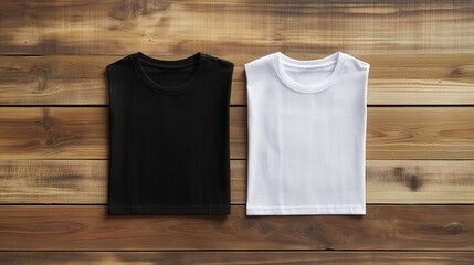 Black and White T-Shirts Mockup Side by Side on Rustic Wooden Surface for Apparel Design, Retail Displays, or E-Commerce Projects