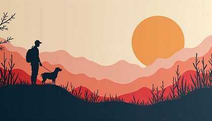  Illustration of a man with a dog in black silhouette against the backdrop of orange and red mountains, likely during sunset, evoking a serene and adventurous mood
