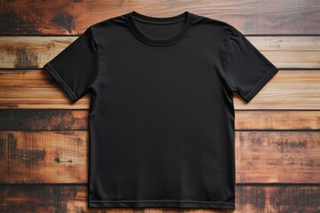 Plain Black T-Shirt Mockup Laid Flat on Rustic Wooden Planks for Apparel Design, DIY Projects, or E-Commerce Displays