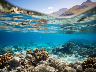 Naklejka premium Shallow coral reef clear sands curve into tropical waters with vibrant life