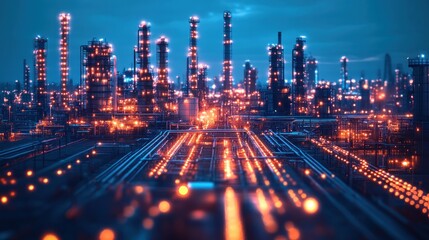 Industrial complex at night, illuminated refinery, pipes, glowing lights