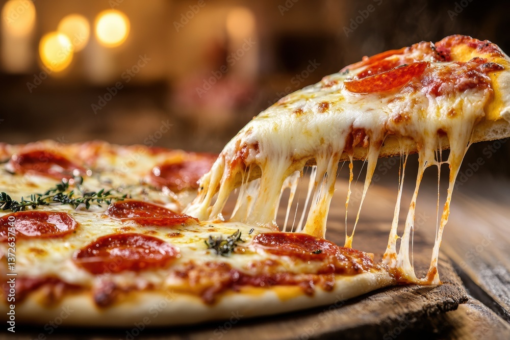 Poster Delicious pizza slice with gooey cheese and vibrant toppings against a dynamic background in high-speed photography