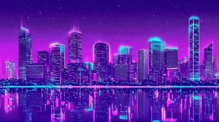Obraz premium Neon city skyline at night, vibrant colors, reflected in water. Detailed city buildings, glowing with electric hues