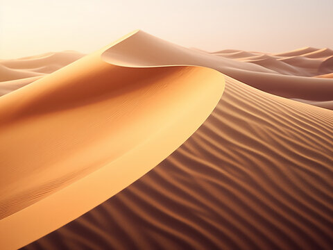 Endless desert dunes rise with sandboards gliding down as the sunset deepens the shadows