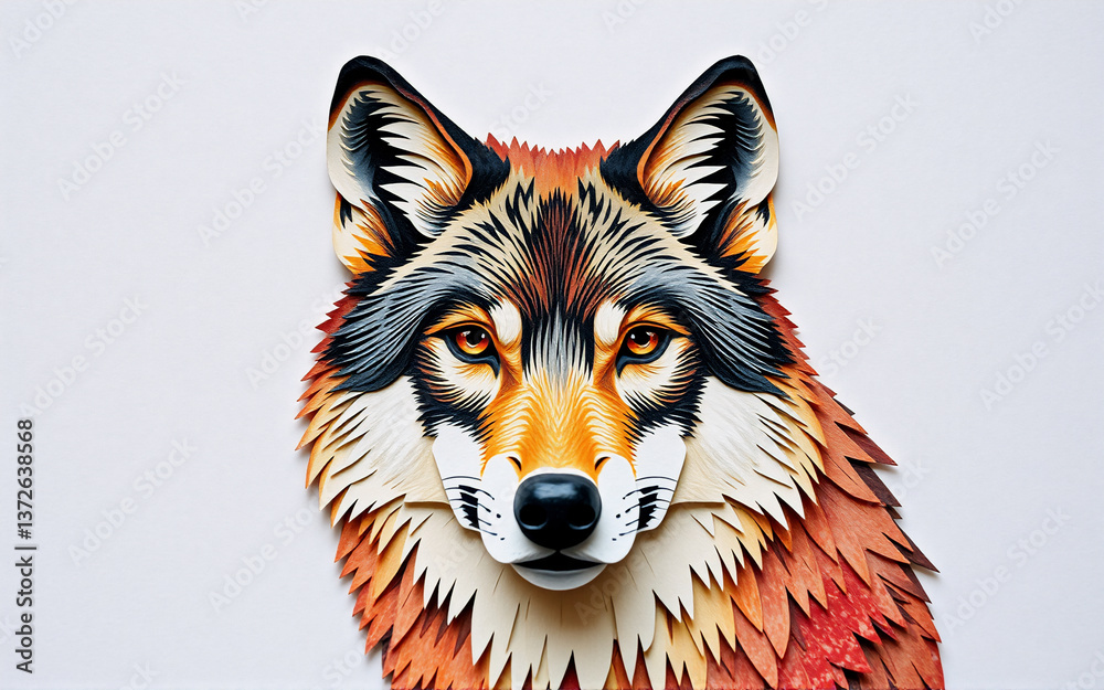 Poster artistic depiction of a wolf's head, rendered in a layered paper style with warm hues. detailed text