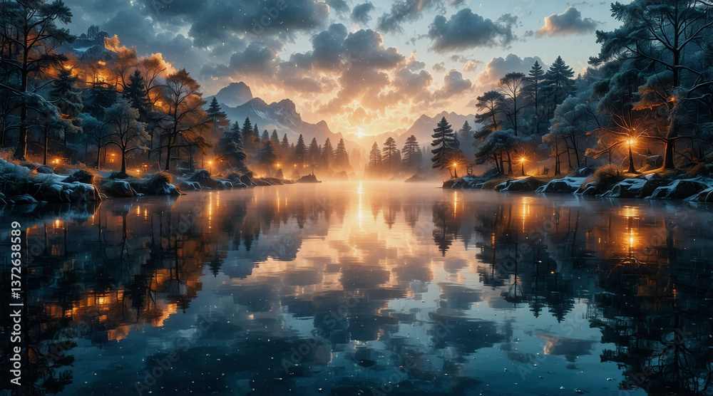 Poster a tranquil lake reflects a vibrant sky at dusk, framed by dark trees illuminated by warm lights. mou
