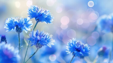 Vibrant blue cornflower blooms with soft bokeh for summer design and inspiration. Blue summer background. Bokeh effect. Horuizontal banner. Copy space