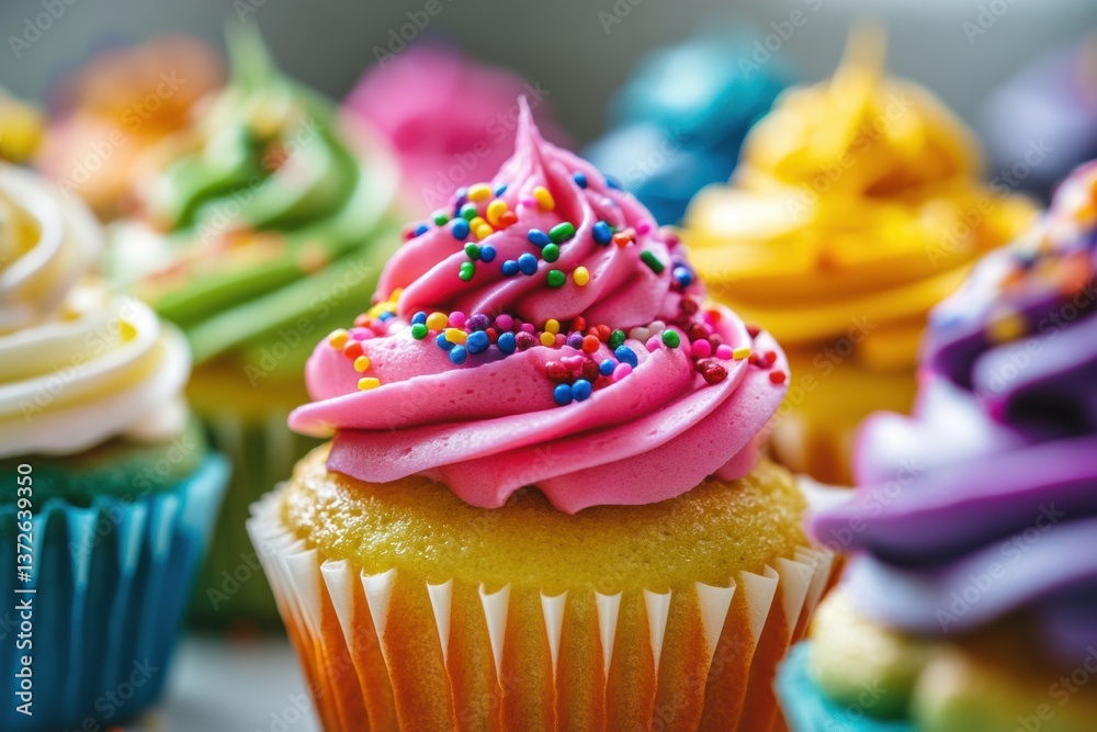 Poster colorful cupcakes with neon icing and vibrant sprinkles create a delightful bakery display perfect f