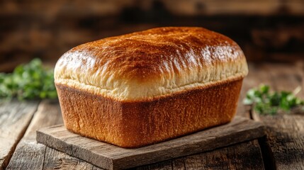 A perfectly baked loaf of golden brown bread rests on a rustic wooden board showcasing its delicious crust and soft interior ideal for sandwiches or toast.