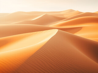 Desert sand dunes showing visible wind patterns with sparse vegetation in golden sunlight