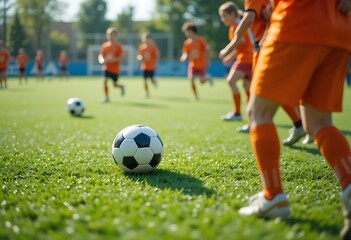 Obraz premium Soccer ball on green grass with team in orange jerseys practicing on a sunny day on a field outside