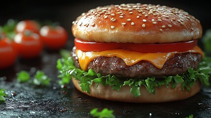Juicy Cheeseburger with Closeup Shot.