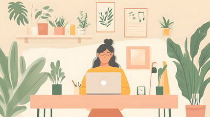 Freelancer working on a laptop in a minimalist home office with plants and personal touches around realistic 