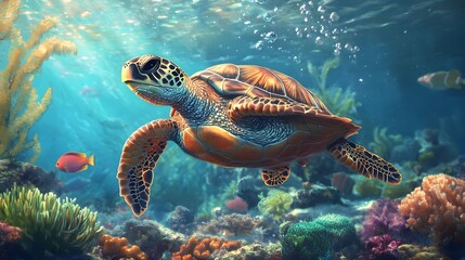 Obraz premium Sea Turtle Swimming in a Colorful Underwater Ecosystem
