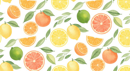 A seamless pattern featuring watercolor illustrations of various citrus fruits, including oranges, lemons, limes, and grapefruits, along with green leaves.
