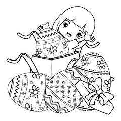 Easter coloring page with cute girl