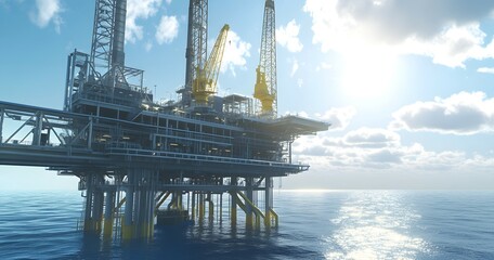 A large offshore oil rig floats in the ocean water