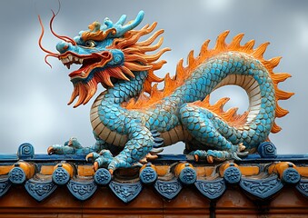 Obraz premium Dragon statue on temple roof