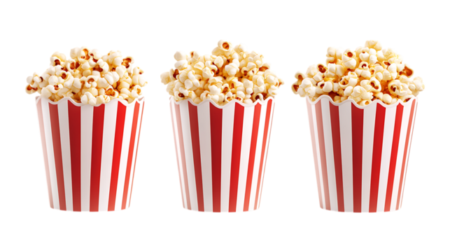 Popcorn Bucket Set in Three Different Poses on Transparent Background for Movie Night Themes, Cinema Branding, or Snack Illustrations