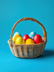 Naklejka premium Woven Basket Filled with Colorful Eggs. Red, Yellow, and Blue Colors. Plain Blue Background Studio Shot.