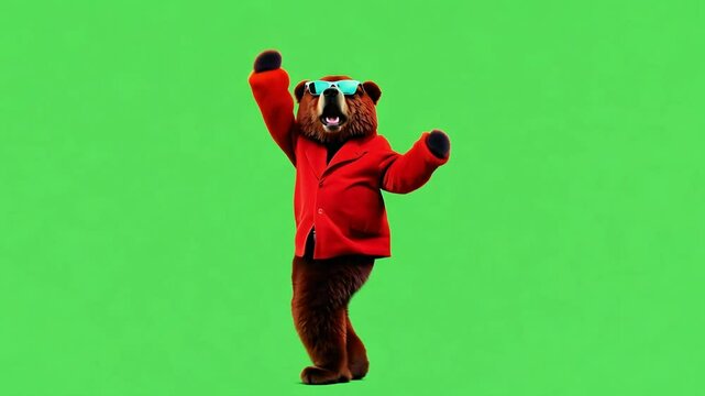 Cool brown bear dancing wearing a red suit and sunglasses dances against a vibrant green screen