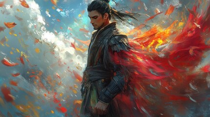 Man in Red Cloak,  Fiery Clouds,  Mystical Landscape