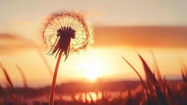 Dandelion flower blooming in golden sunset light with delicate petals glowing against warm orange skies. Symbolizing hope, love, and resilience in nature for inspirational posters, romantic themes, or